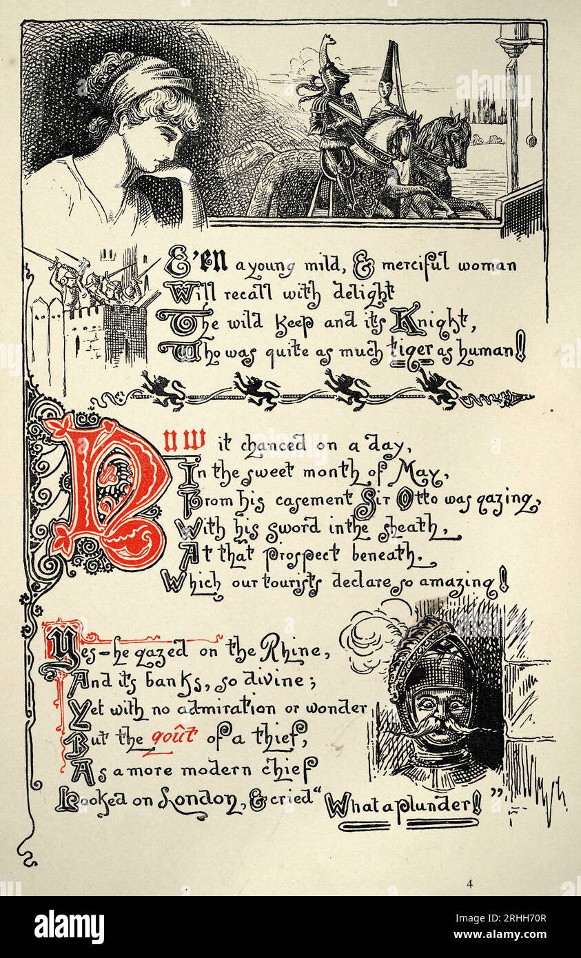 Chevalier en armure brillante et princesse, page du chevalier et du dragon de Thomas Hood, mythologie fantastique, illustré par Ernest Maurice Jessop Banque D'Images