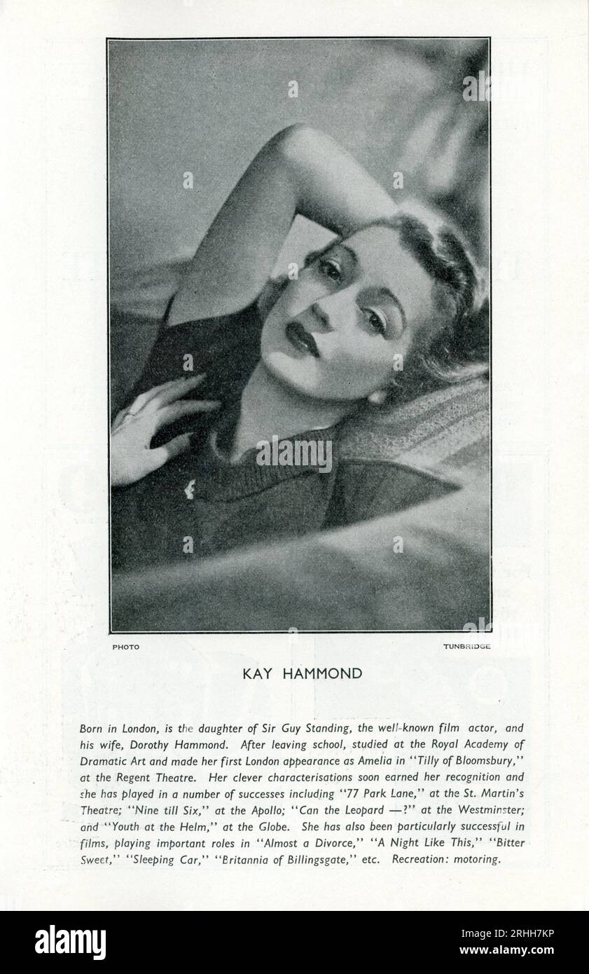 Page intérieure du programme avec portrait de KAY HAMMOND de TUNBRIDGE apparaissant avec LAURENCE OLIVIER et RALPH RICHARDSON dans des ABEILLES SUR LE PONT DU BATEAU Une tragédie farce en deux actes de J. B. PRIESTLEY produit par Laurence Olivier et Ralph Richardson au Lyric Theatre, Shaftesbury Avenue Londres en mai 1936 Banque D'Images