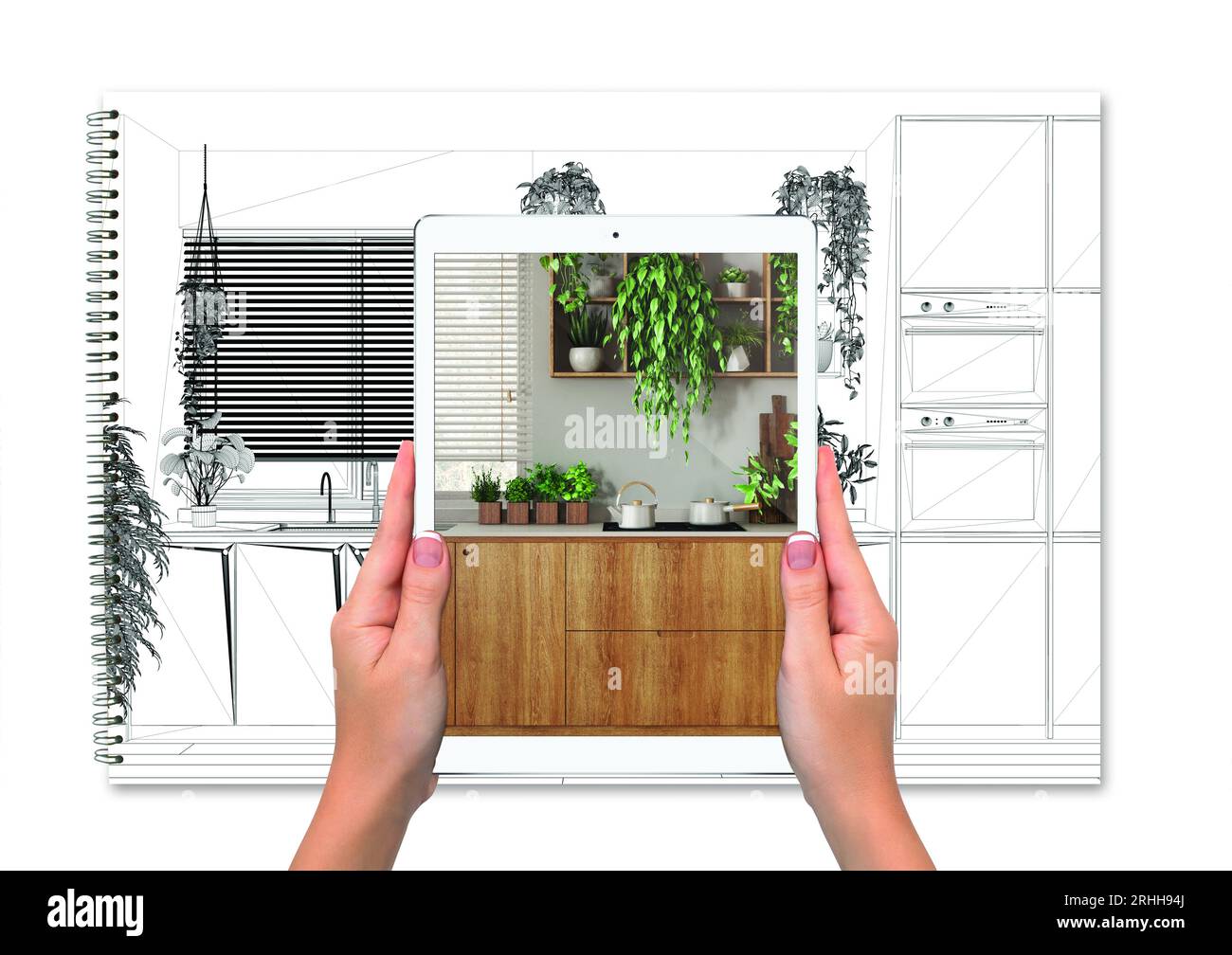 Mains tenant la tablette montrant la cuisine, fond de projet vide total, concept de réalité augmentée, application pour simuler le mobilier et le design d'intérieur Banque D'Images