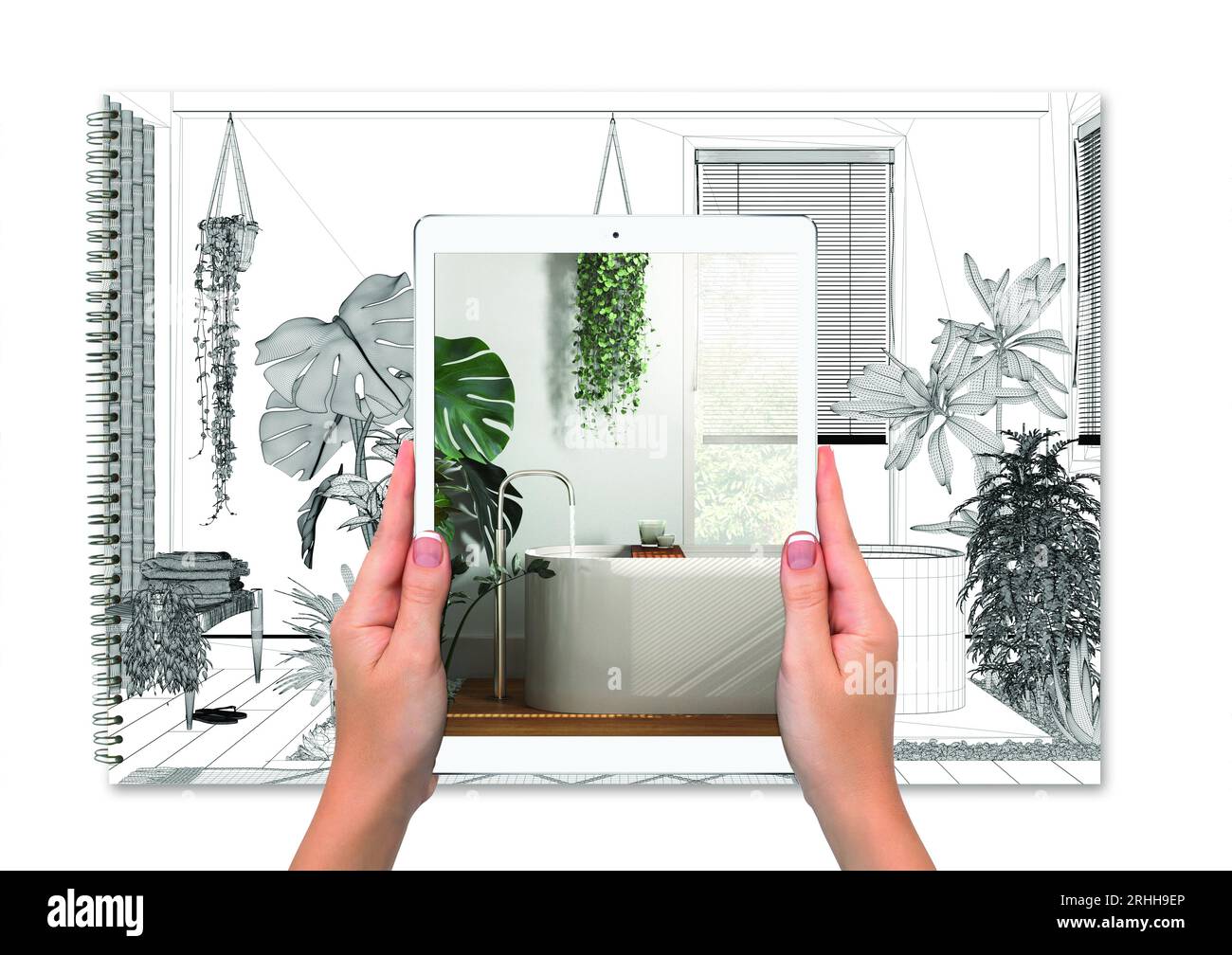 Mains tenant tablette montrant salle de bain avec plantes d'intérieur, fond de projet vide total, concept de réalité augmentée, application pour simuler un meuble A. Banque D'Images