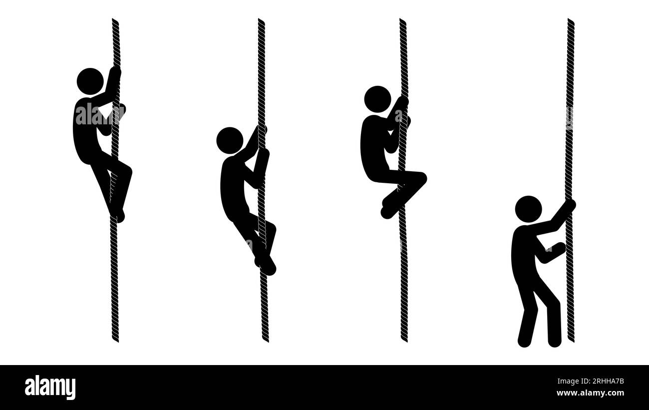 Ensemble de figures de bâton corde grimpant sur un fond blanc. Style plat, illustration vectorielle. Illustration de Vecteur