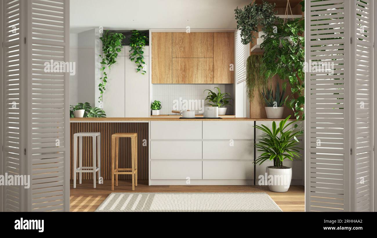 Porte pliante blanche s'ouvrant sur une cuisine en bois minimale avec îlot et appareils électroménagers et avec de nombreuses plantes en pot, concept architecte designer, jungle urbaine Banque D'Images