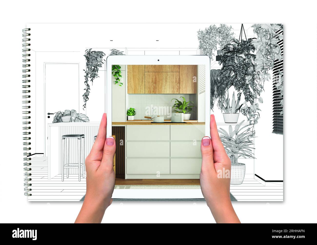 Mains tenant tablette montrant cuisine en bois, fond de projet vide total, concept de réalité augmentée, application pour simuler le mobilier et l'intérieur Banque D'Images