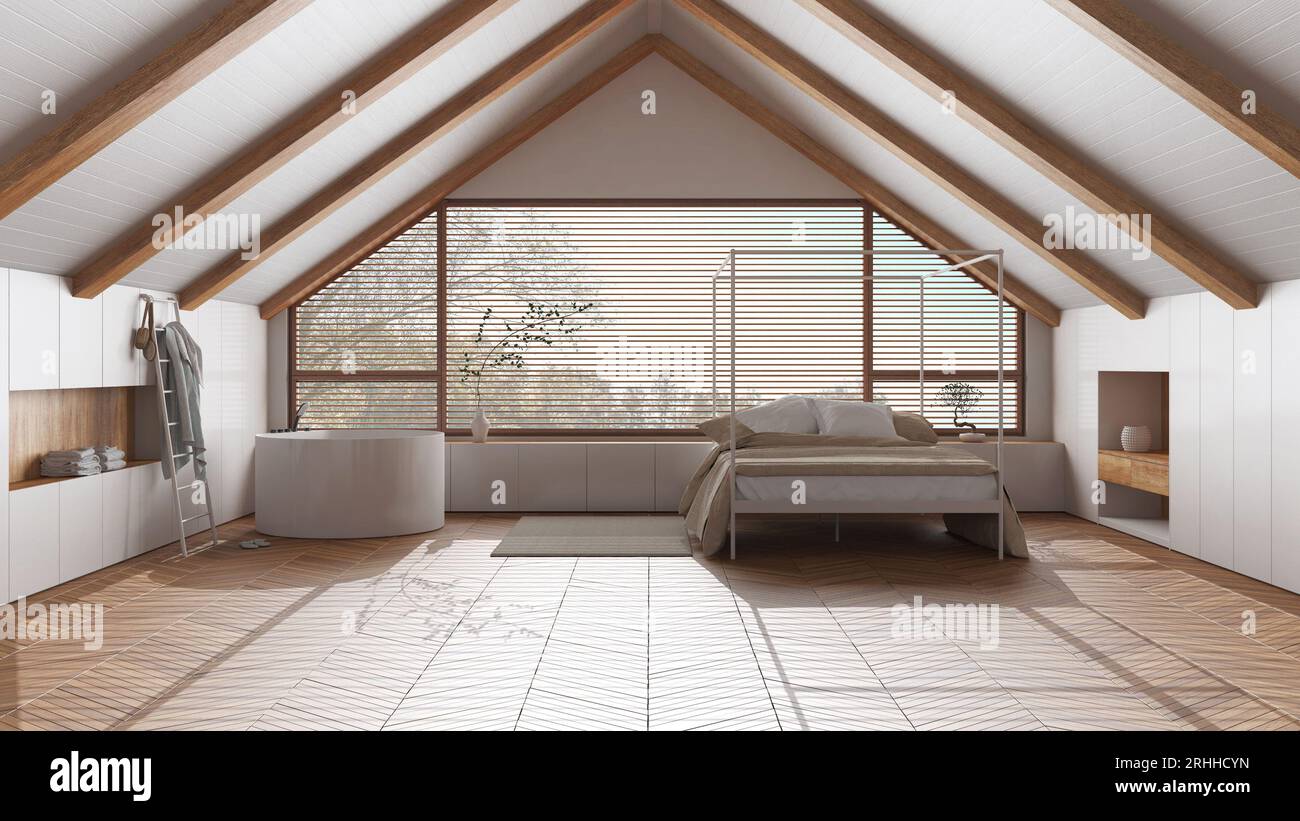 Design intérieur Penthouse, chambre minimale et salle de bains avec plafond en bois incliné et grande fenêtre panoramique dans les tons blancs. Japandi scandinavian styl Banque D'Images