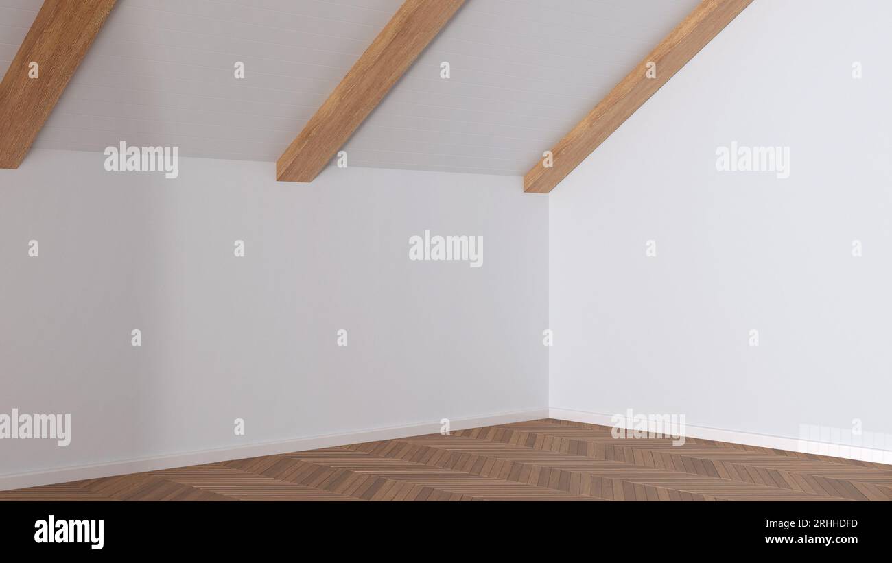 Design d'intérieur de pièce vide, espace ouvert avec parquet, plafond incliné en bois, murs blancs, idée de concept d'architecture japandi moderne Banque D'Images