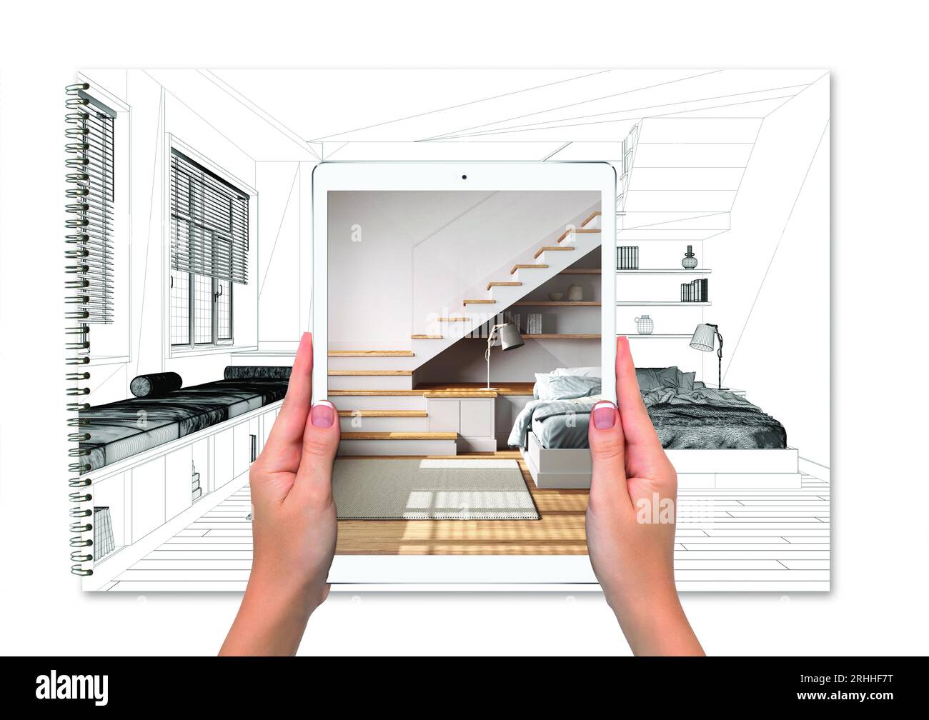 Mains tenant tablette montrant une chambre minimale, cahier avec fond de croquis de plan, concept de réalité augmentée, application pour simuler des meubles Banque D'Images