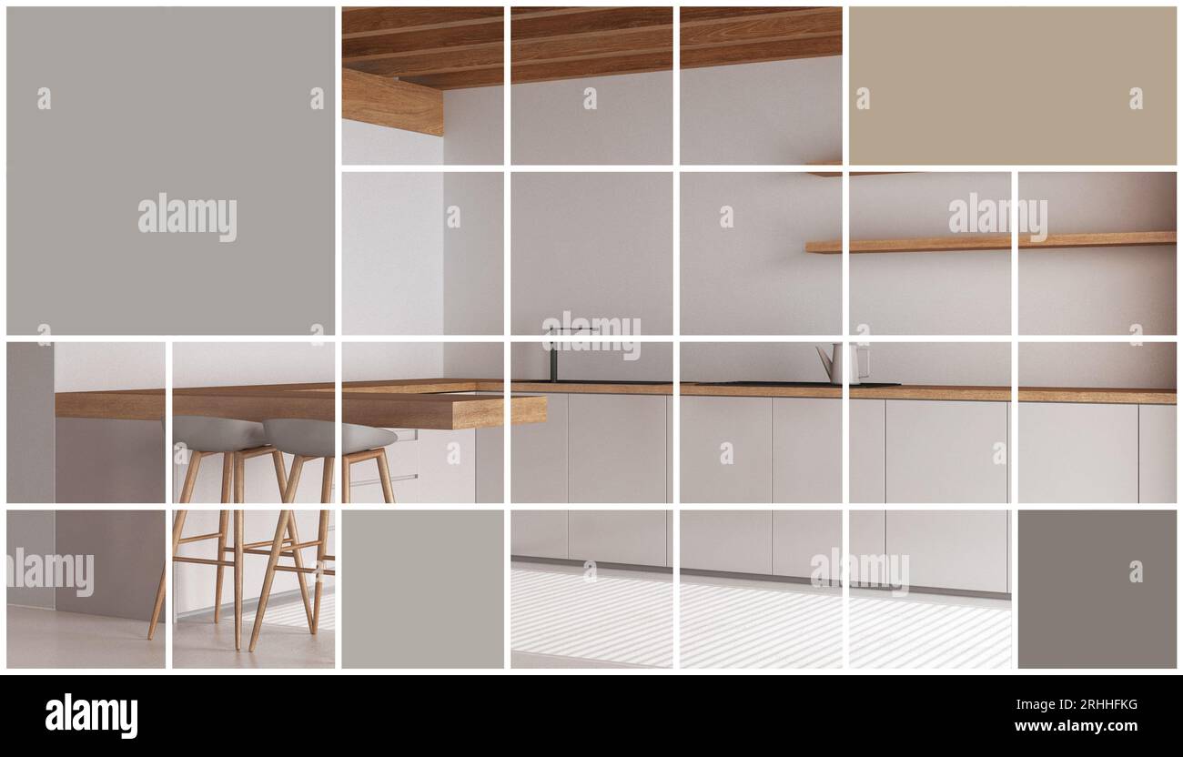 Effet graphique mosaïque carrée géométrique avec espace de copie pour le texte, modèle de présentation, idée de maquette, cuisine blanche minimale moderne avec îlot et stoo Banque D'Images