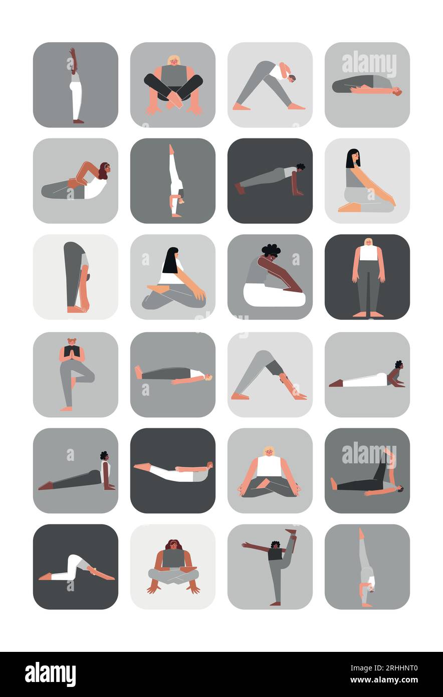 Set d'illustration vectorielle pour pack d'autocollants avec poses de yoga. Collection monochrome plate sur affiche A4 verticale avec des femmes asiatiques, africaines et caucasiennes MAK Illustration de Vecteur