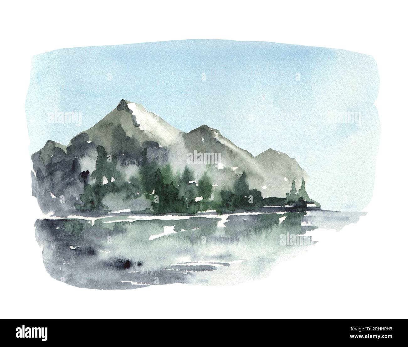 Aquarelle paysage brumeux avec montagnes et lac. Montagnes illustration dessinée à la main Banque D'Images