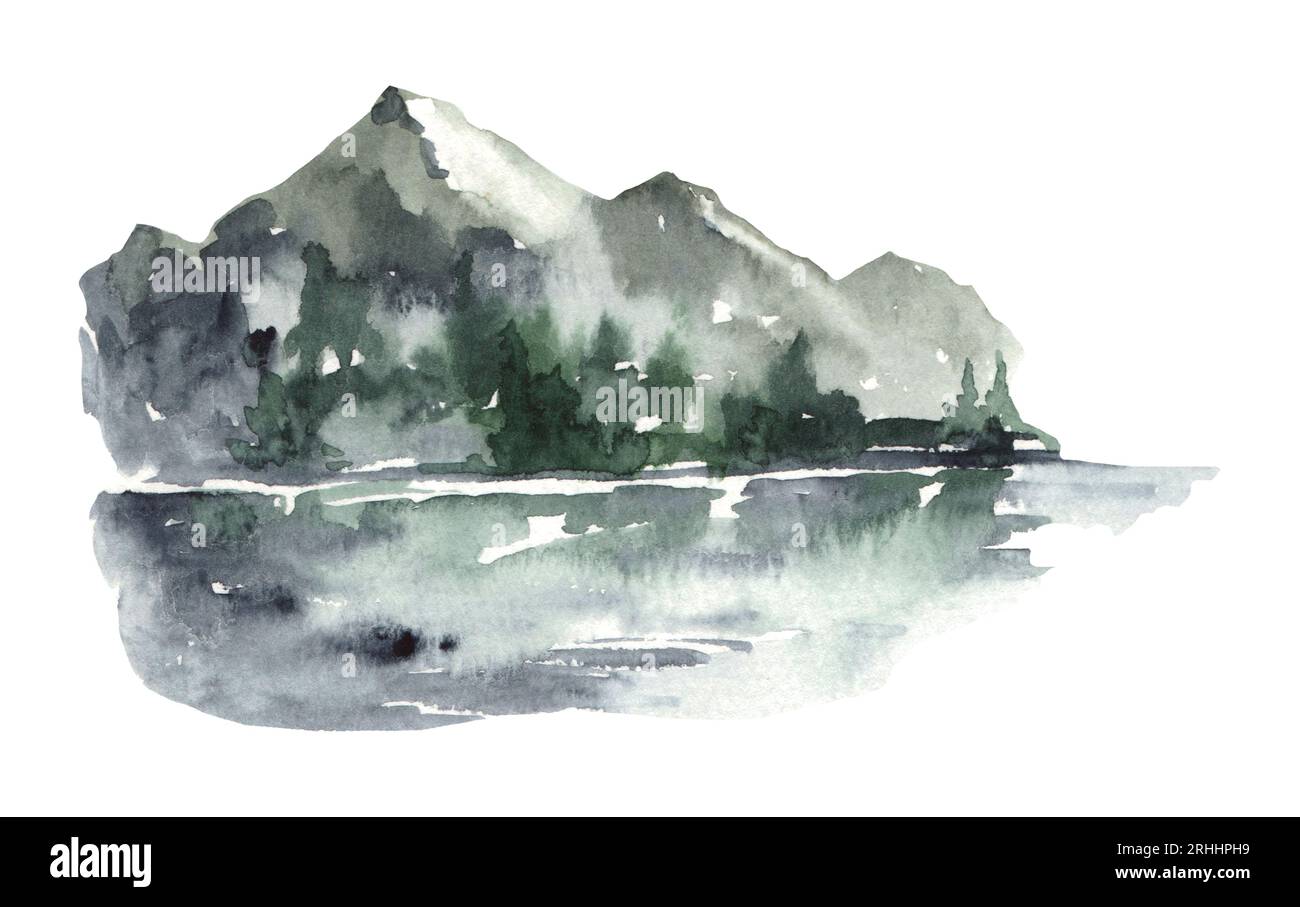 Aquarelle paysage brumeux avec montagnes et lac. Montagnes illustration dessinée à la main Banque D'Images