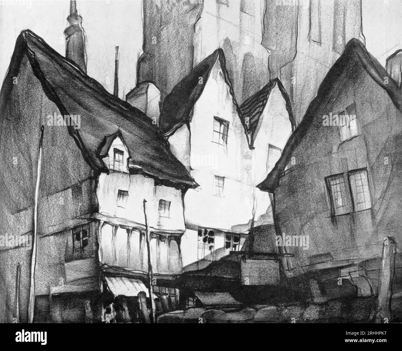 Set Design / concept Art par le directeur artistique CEDRIC DAWE pour le film ROBEERT NEWTON et SIMONE SIMON dans TEMPTATION Harbour 1947 réalisateur LANCE COMFORT Novel Georges Simenon Associated British Picture Corporation (ABPC) / Pathe Pictures Ltd. Banque D'Images