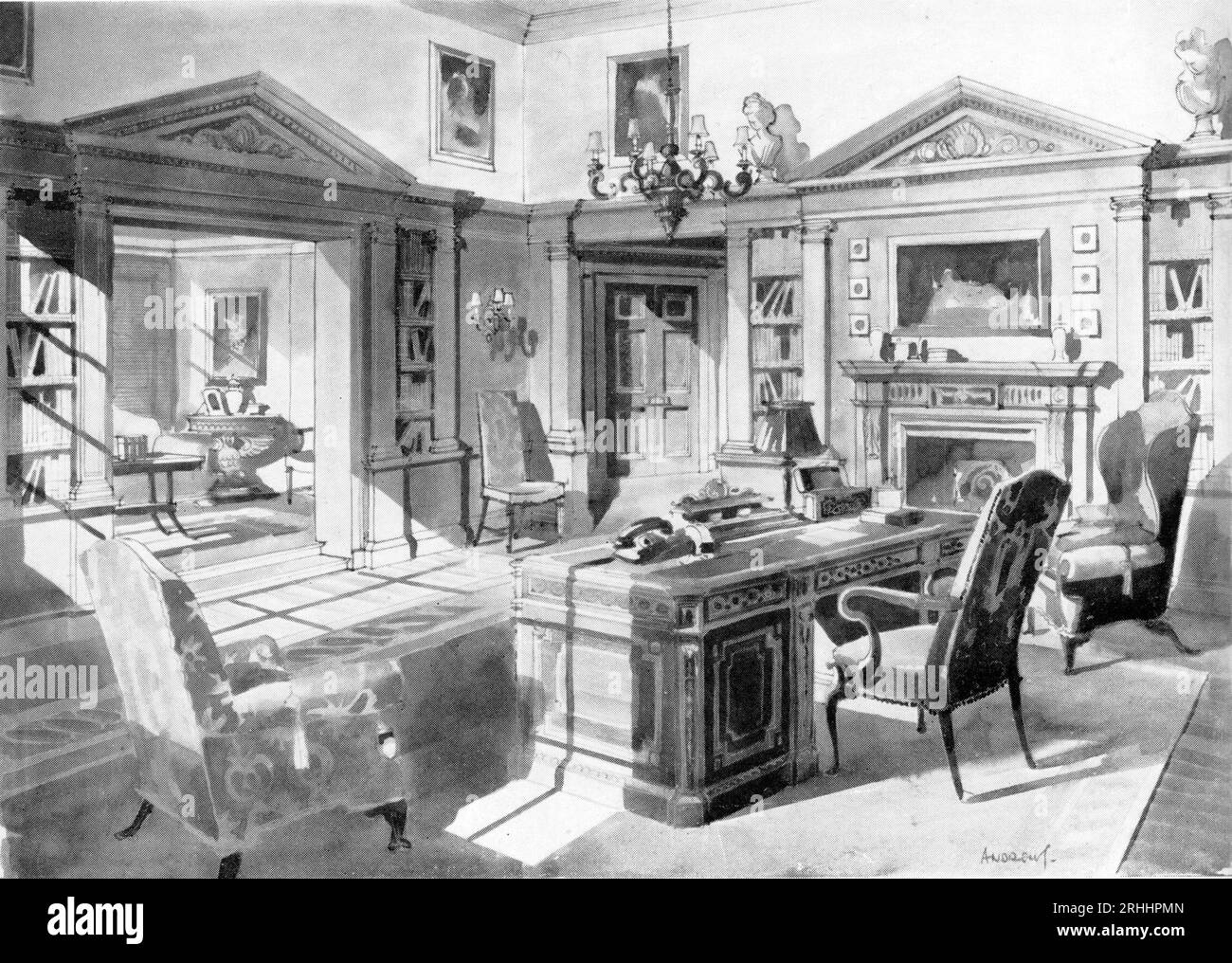 Set Design / concept Art par le directeur artistique WILLIAM ANDREWS pour le film ANNA NEAGLE REX HARRISON DEAN JAGGER et ROBERT MORLEY dans I LIVE in GROSVENOR SQUARE 1945 réalisateur HERBERT WILCOX Herbert WILCOX Productions / Pathe Pictures Ltd. Banque D'Images