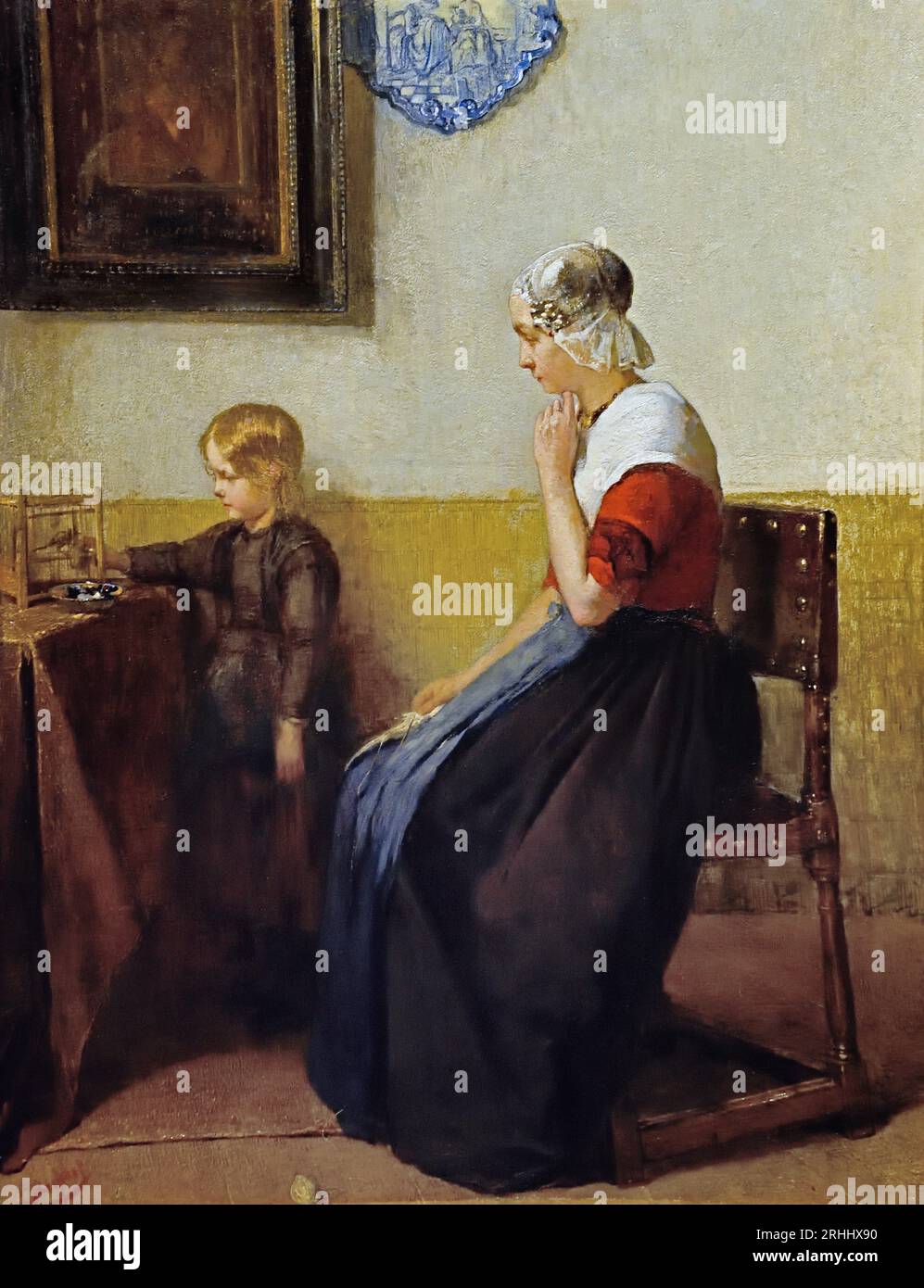 Intérieur frison avec l'épouse et la petite fille d'un jeune fermier Christoffel Bisschop (1828-1904) artiste frison ( épouse anglaise Kate Bisschop-Swift ) (1834-1928). Néerlandais, pays-Bas, , Banque D'Images