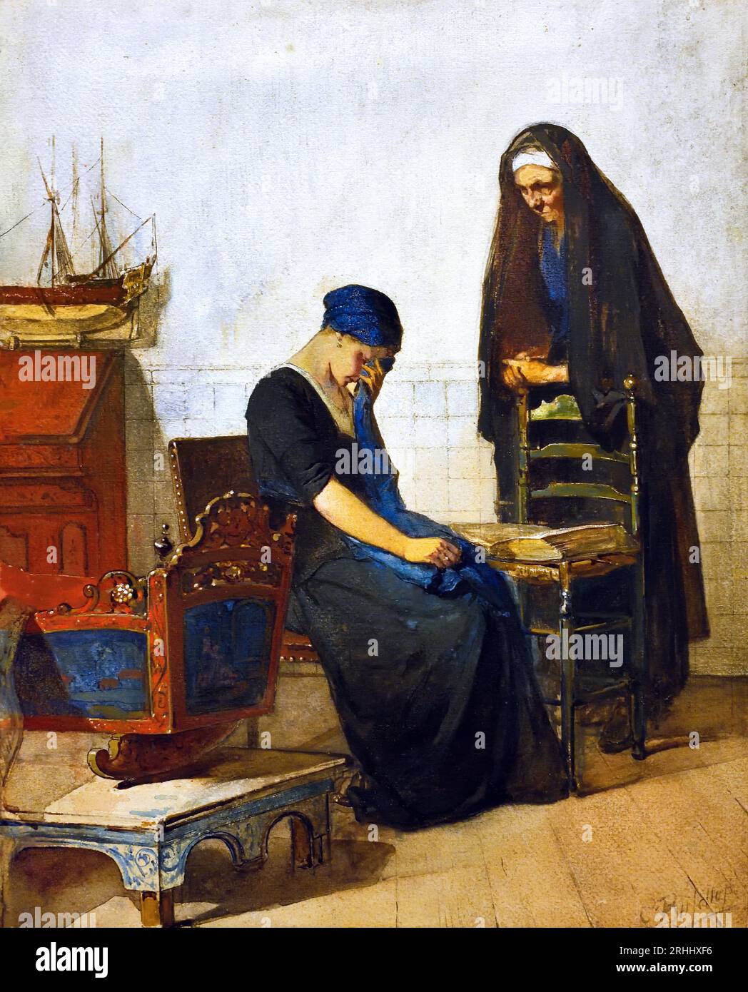 Berceau vide 1869-1880 Hindeloopen, Frise. Christoffel Bisschop (1828-1904) artiste frison (épouse anglaise Kate Bisschop-Swift) (1834-1928). Néerlandais, les pays-Bas, mère en deuil par le berceau ( bébé mort) Banque D'Images