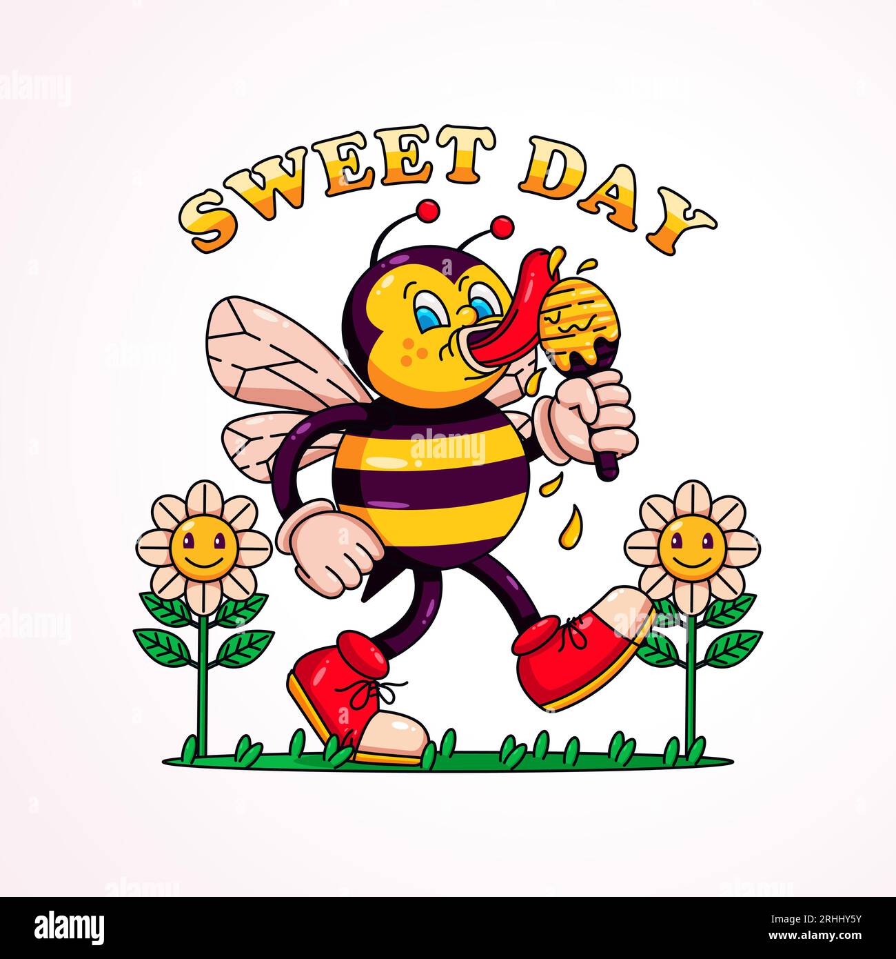 Dessin animé rétro d'une abeille mangeant du miel, parfait pour les mascottes, les t-shirts, les autocollants et les affiches Illustration de Vecteur