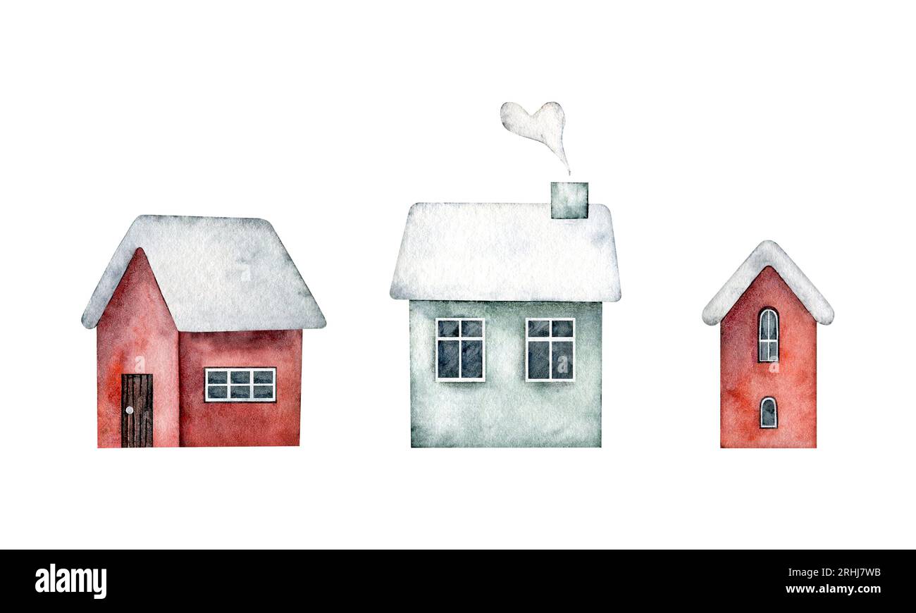 Ensemble d'hiver de jolies maisons avec portes, fenêtres, cheminée, avec de la neige sur le toit. Aquarelle peinte à la main pour carte de Noël, souvenirs, hiver Banque D'Images