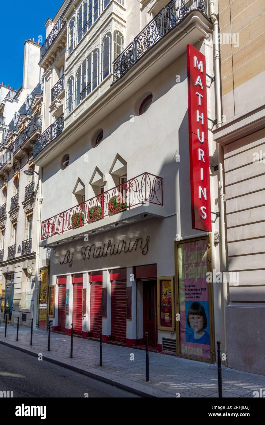 Vue extérieure du Théâtre des Mathurins, également appelé 'les Mathurins', un théâtre parisien situé dans le 8e arrondissement de Paris, France Banque D'Images