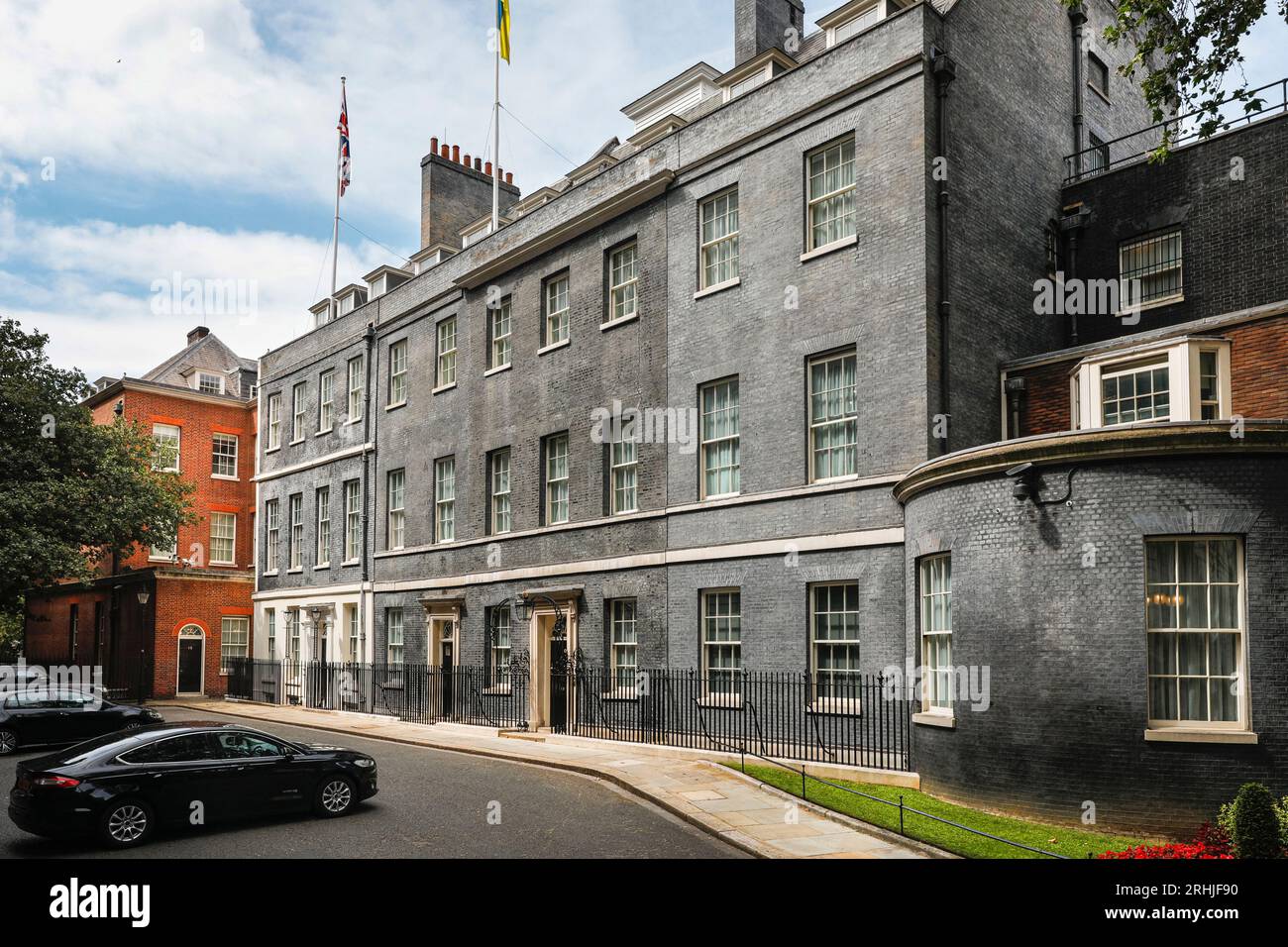 10 Downing Street, architecture extérieure emblématique des résidences du premier ministre, vide de soleil, Westminster, Londres, Angleterre, ROYAUME-UNI Banque D'Images