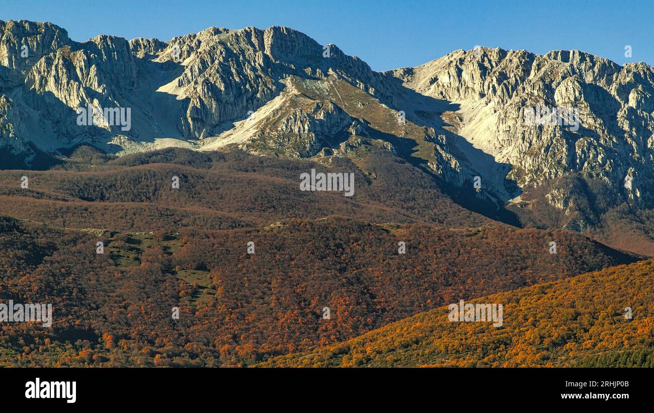 Les collines boisées aux allures automnales rouges et brunes et les pics pierreux et stériles de Sirente. Parc naturel régional Sirente Velino, Abruzzes, Italie, Banque D'Images