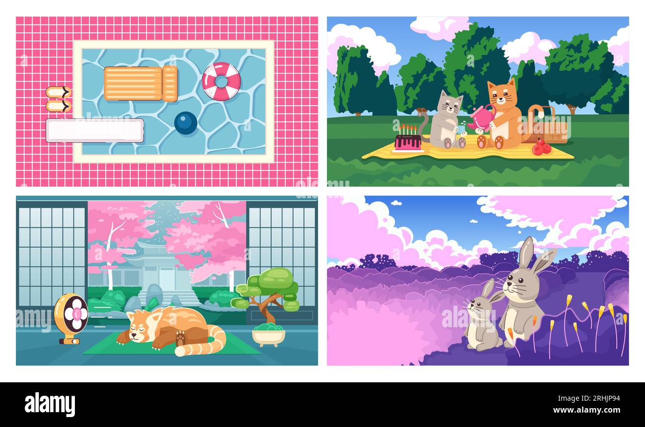 Kawaii animaux mignon chill lo fi fonds d'écran ensemble Illustration de Vecteur