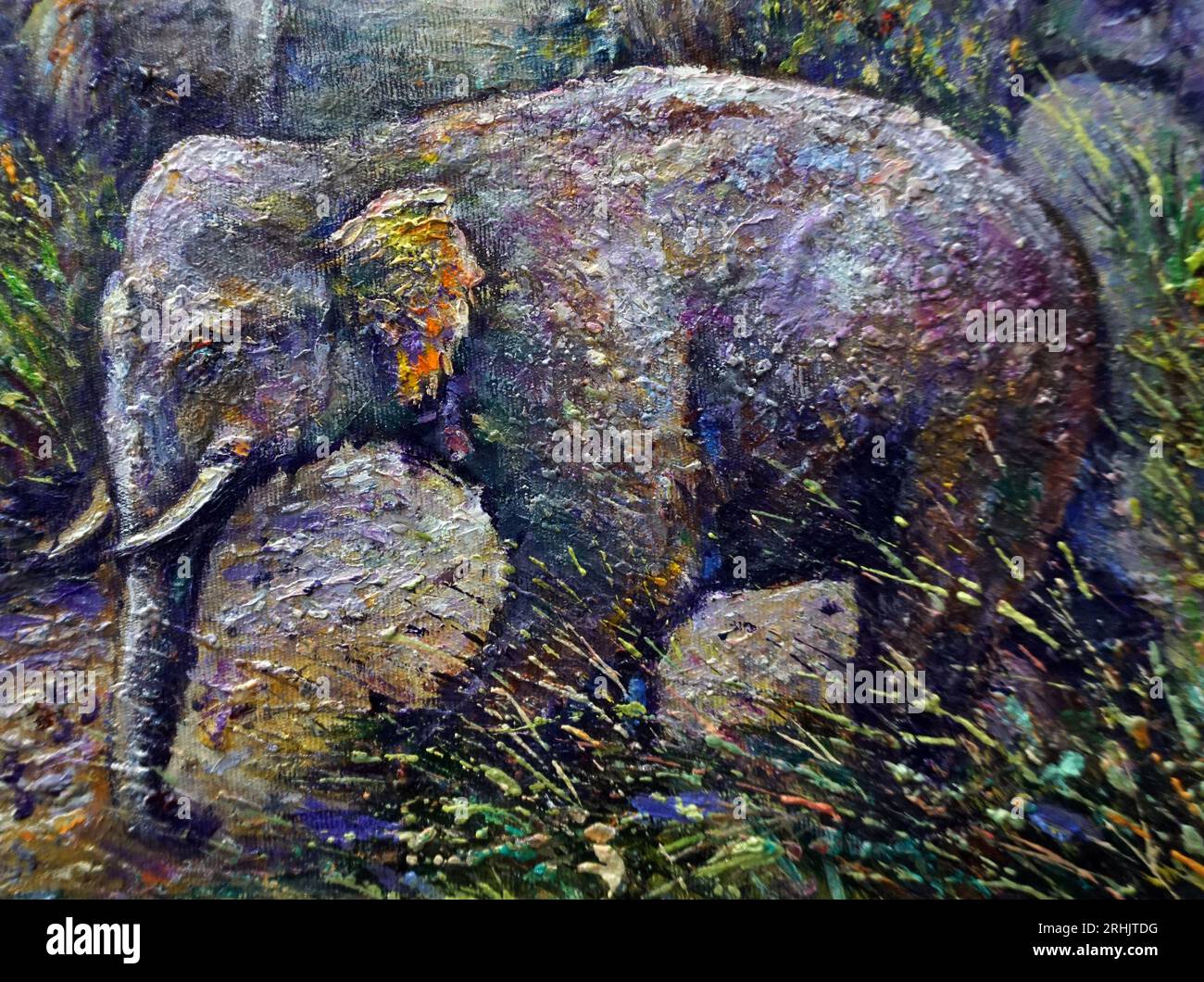 Peinture d'art couleur à l'huile famille éléphant dans la forêt thaïlande Banque D'Images
