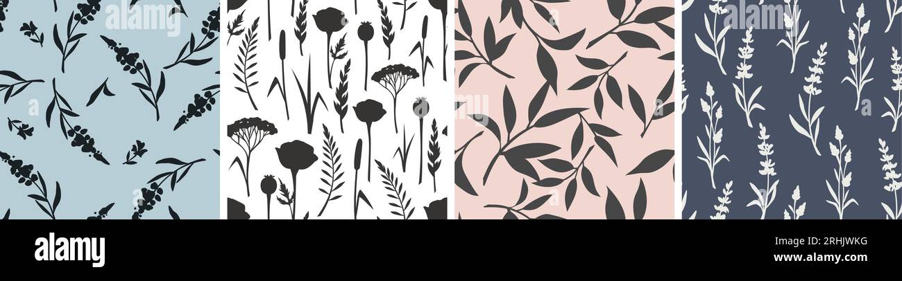 Ensemble de quatre motifs floraux avec des fleurs et des feuilles dans des couleurs bleues, roses, noires et blanches. Imprimés floraux sans couture vectoriels Illustration de Vecteur