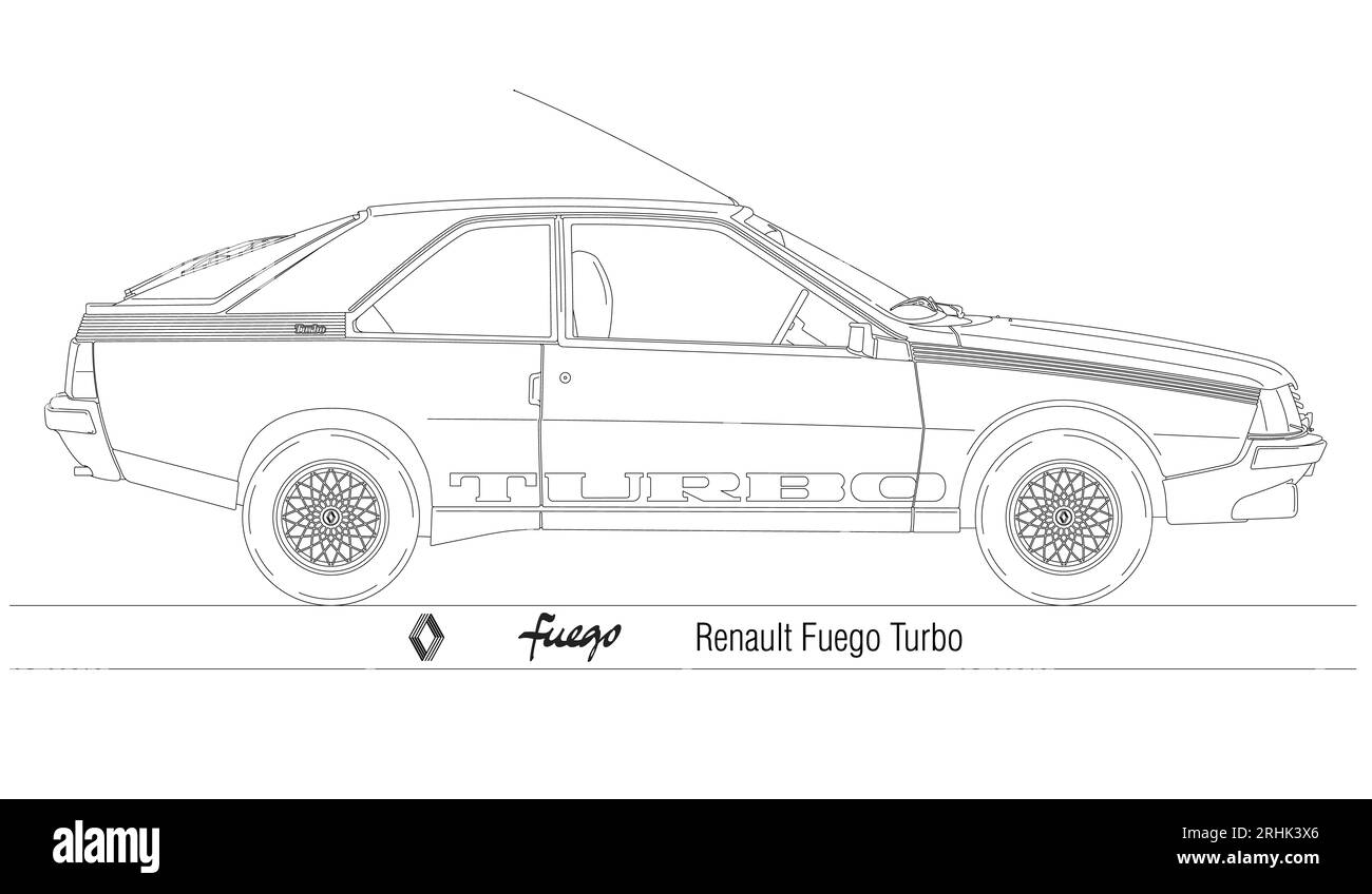 France, année 1983, Renault Fuego Turbo coupé de voiture vintage et historique, silhouette esquissée, illustration vectorielle Banque D'Images