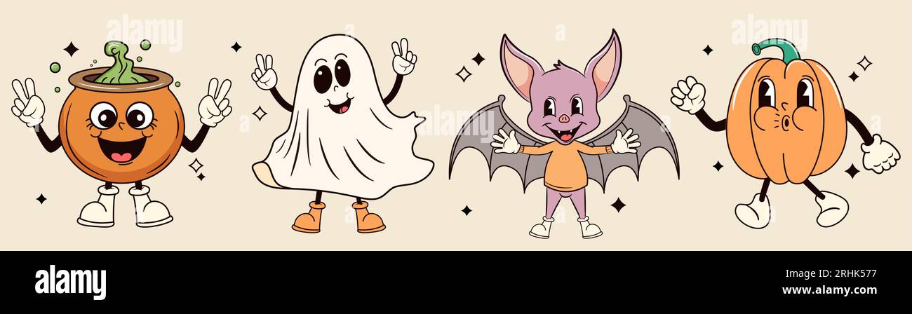 Ensemble de personnages d'halloween rétro grooby. Illustration vectorielle. Illustration de Vecteur