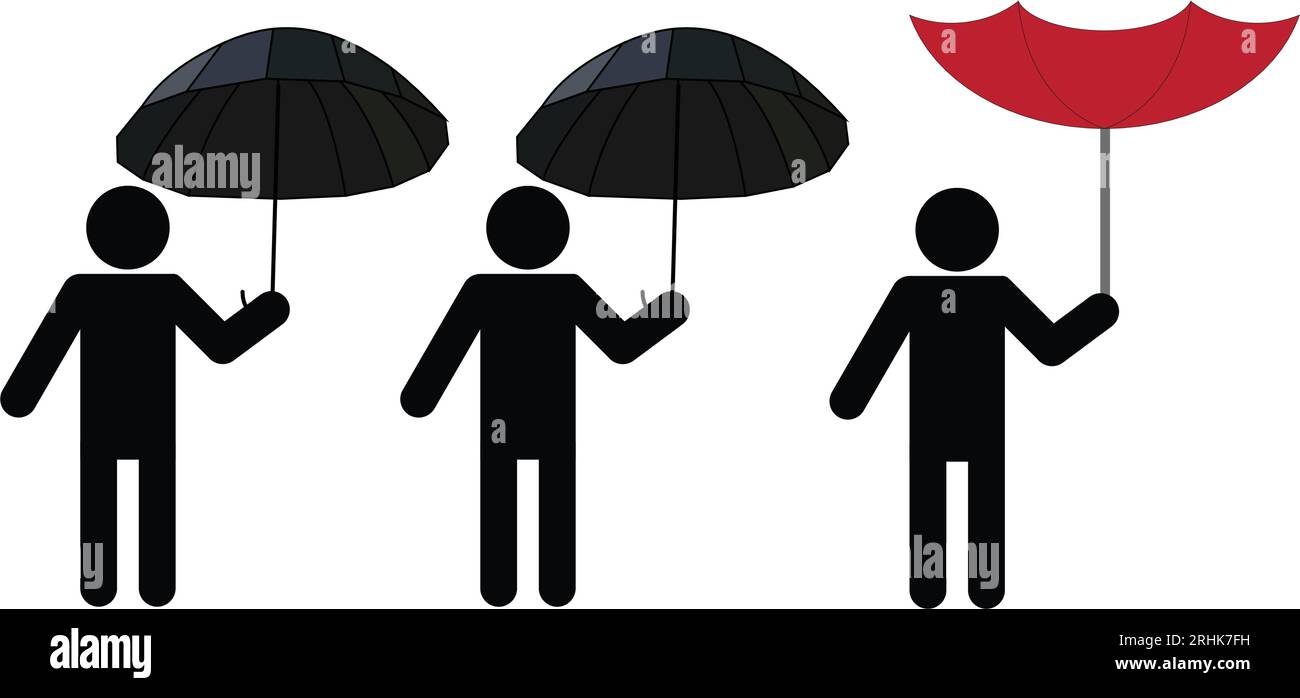 Deux silhouettes d'hommes tenant des parapluies et une tenant un parapluie à l'envers Illustration de Vecteur