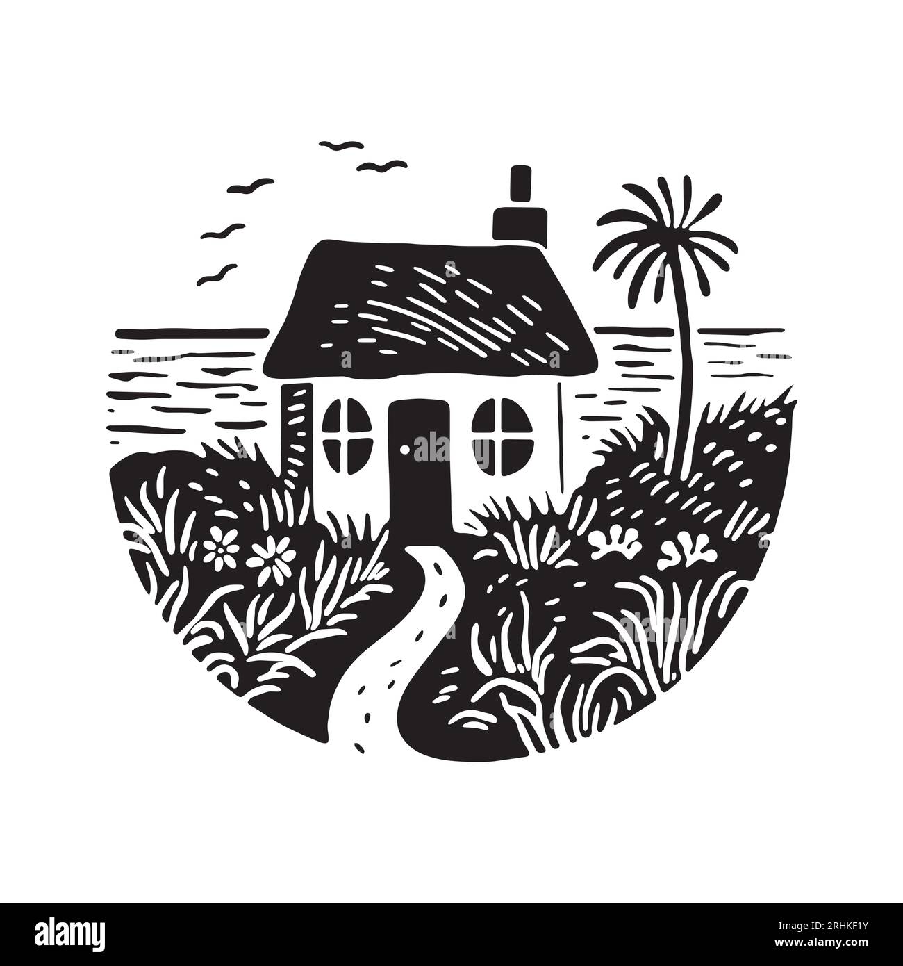 Illustration d'impression de bloc de cabane de plage fantaisiste pour le concept de voyage tropical. Vecteur maison côtière avec palmier stylisé pour les vacances. Illustration de Vecteur