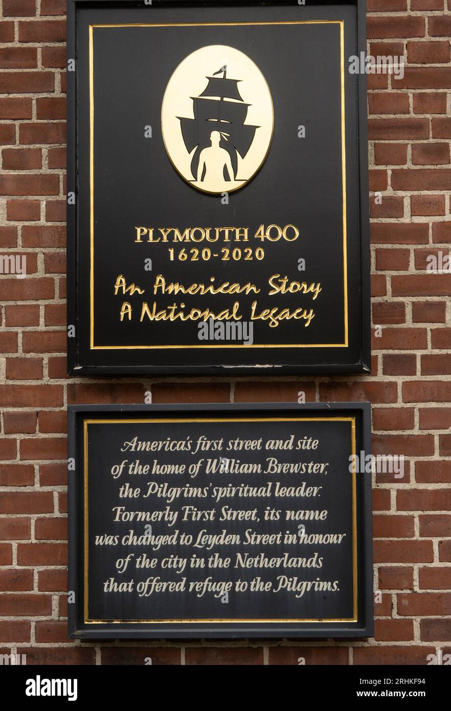 Amériques première rue et site de la maison de William Brewster le chef spirituel des pèlerins à Plymouth ma Banque D'Images