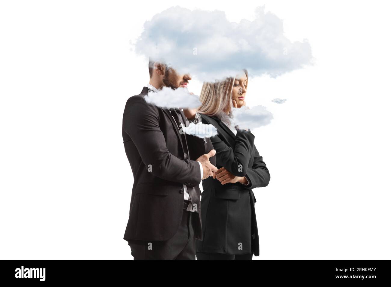 Homme d'affaires et femme d'affaires avec des nuages autour de leurs têtes isolés sur fond blanc Banque D'Images