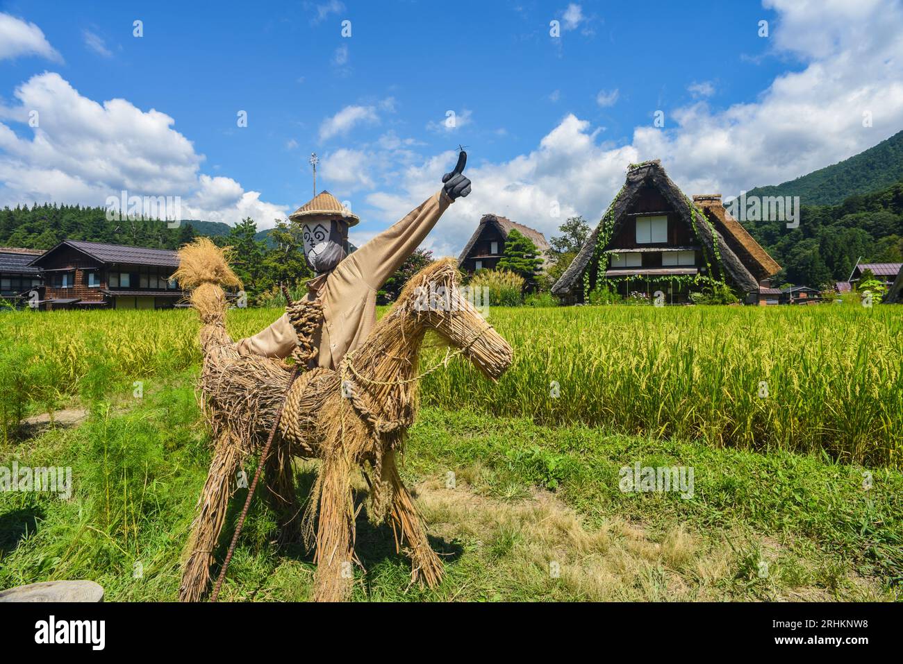 Des épouvantails devant des fermes traditionnelles en bois de chaume Gassho-zukuri dans le village de Shirakawa-Go, préfecture de Gifu, Japon Banque D'Images