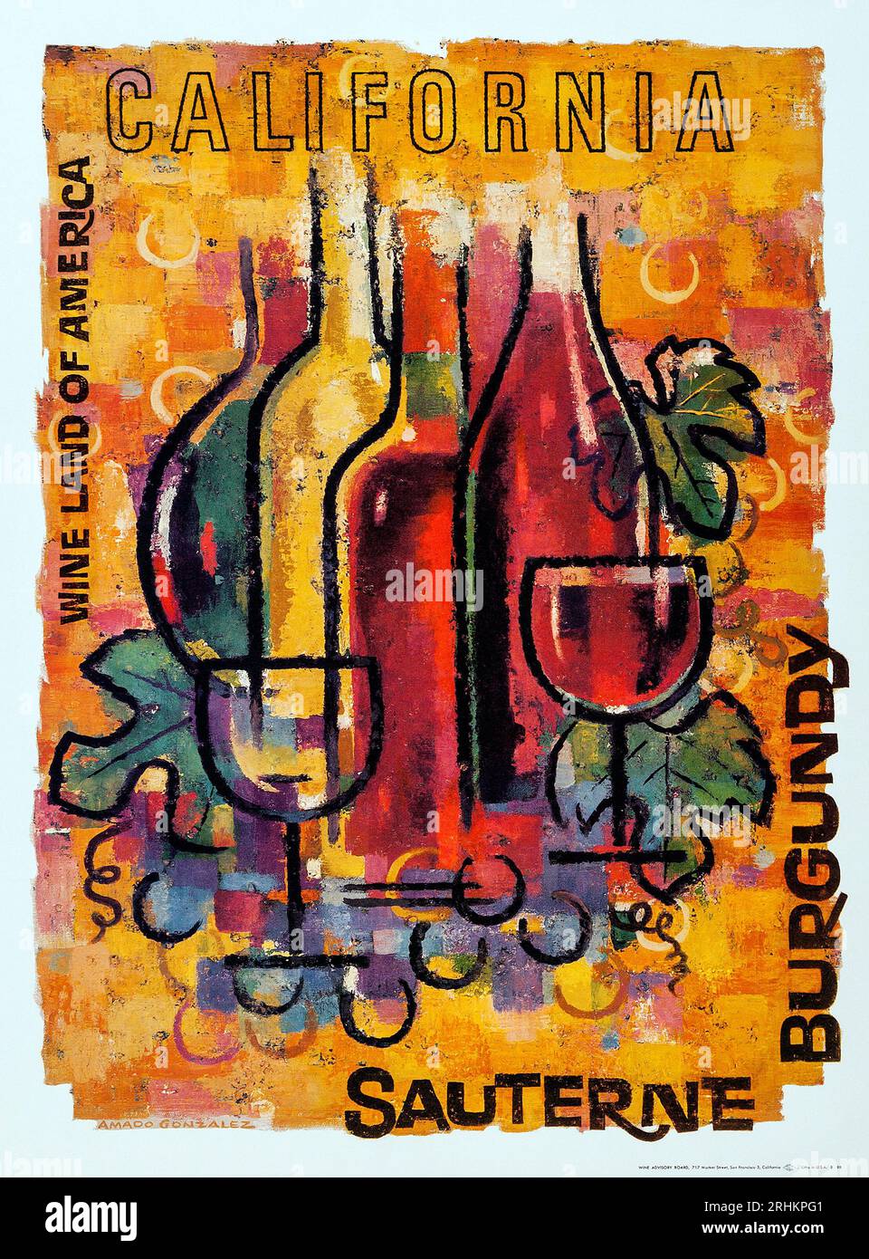 Californie - Bourgogne et Sauternes (Conseil consultatif du vin, années 1960). Affiche de voyage Banque D'Images