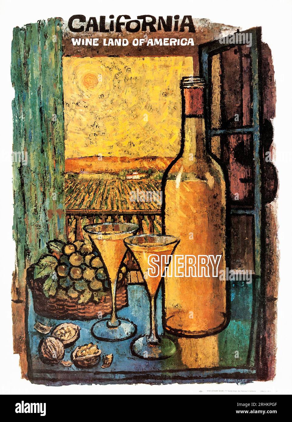 Sherry - Californie - Wine Land of America (Wine Advisory Board, années 1960). Affiche de voyage Banque D'Images