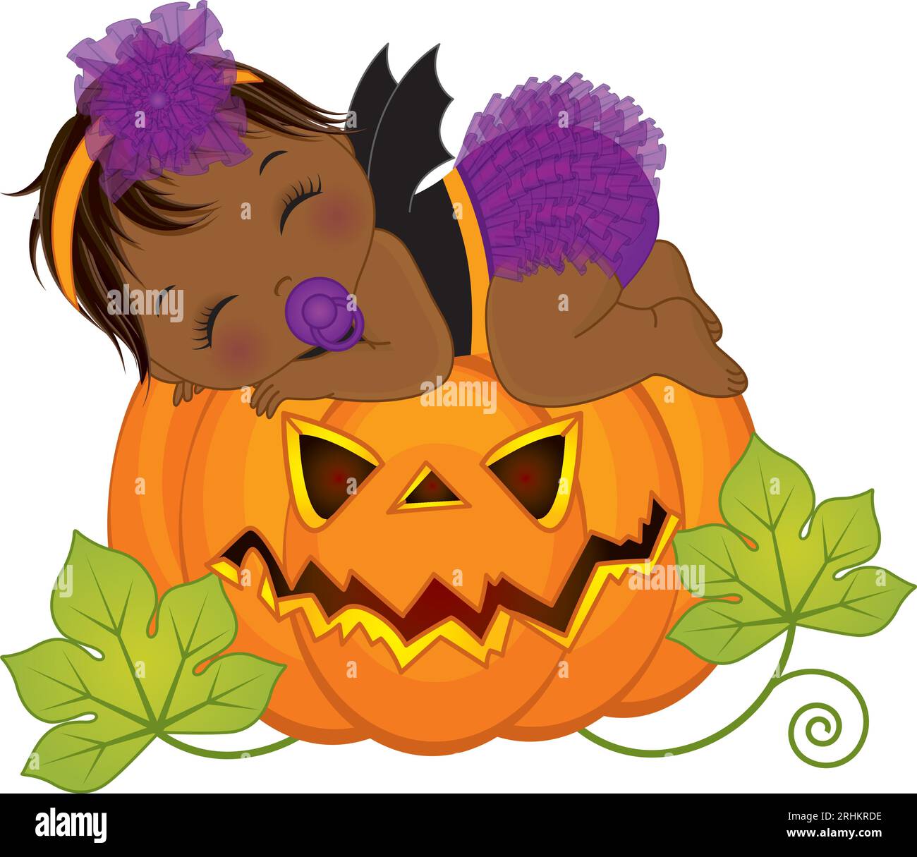 Vector Little African American Baby Girl dans Halloween Costume Sleeping on Pumpkin Illustration de Vecteur