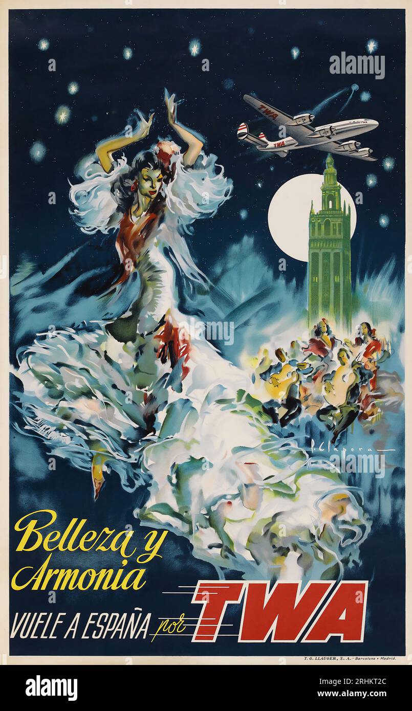 Affiche de voyage TWA - l'affiche de Trans World Airlines fait la promotion des voyages en Espagne, années 1960 Banque D'Images