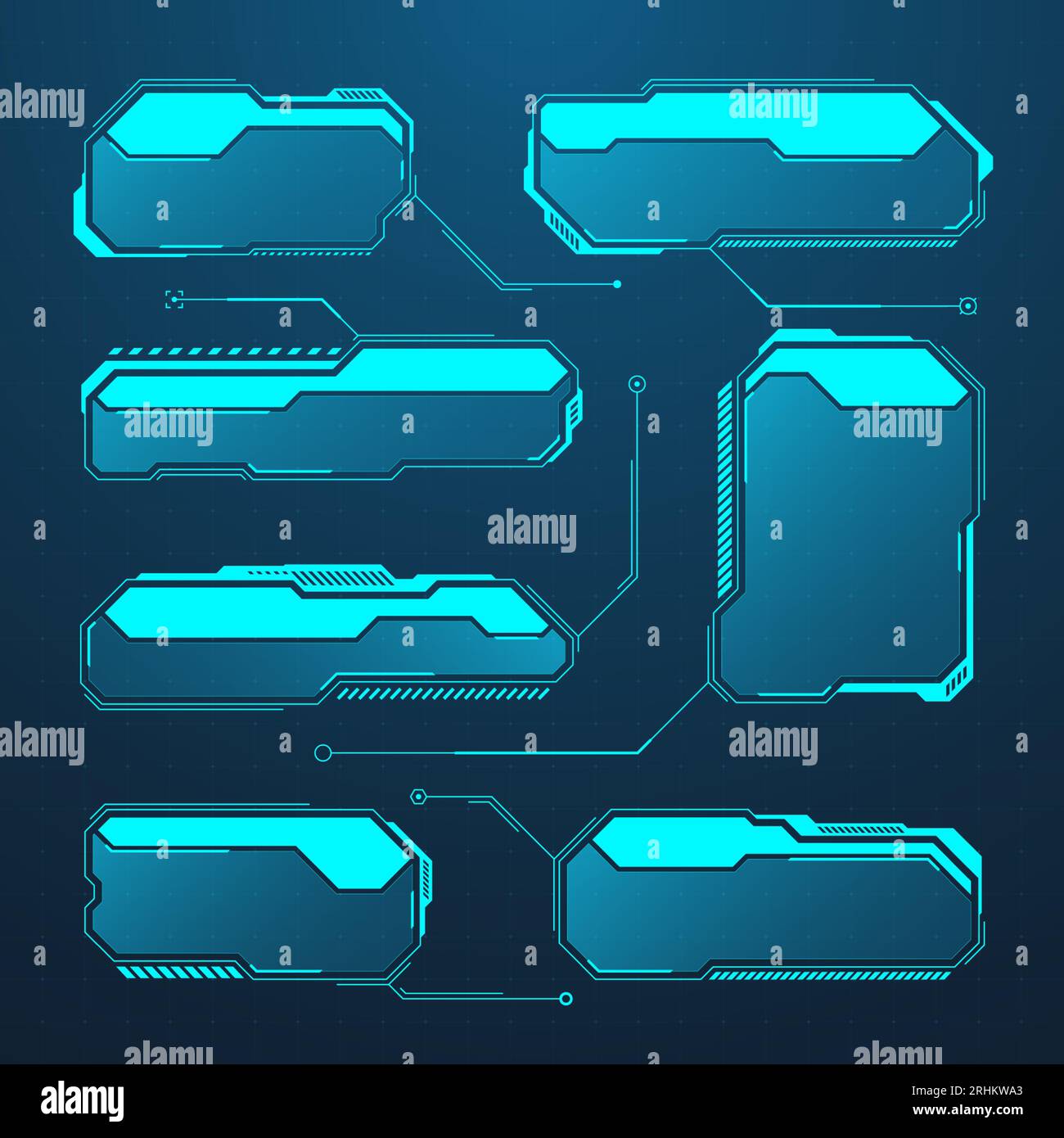 Éléments HUD ou UI futuristes bleus. Zones de texte et légendes de l'interface utilisateur SCI-fi. Cadres de message d'avertissement, modèle de zones d'information. Jeu moderne Illustration de Vecteur