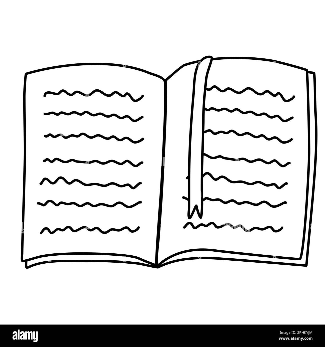 Livre ouvert ou journal avec signet, illustration de contour vectoriel plat de style doodle pour livre de coloriage pour enfants Illustration de Vecteur