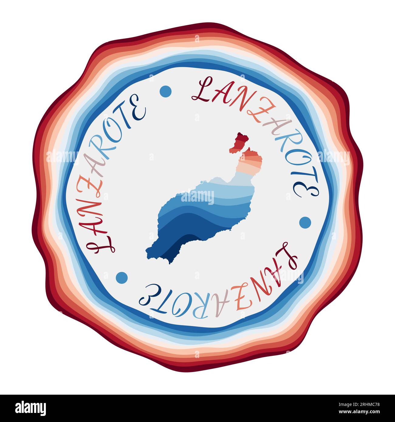 Badge Lanzarote. Carte de l'île avec de belles vagues géométriques et un cadre bleu rouge vibrant. Logo Lanzarote rond vif. Illustration vectorielle. Illustration de Vecteur