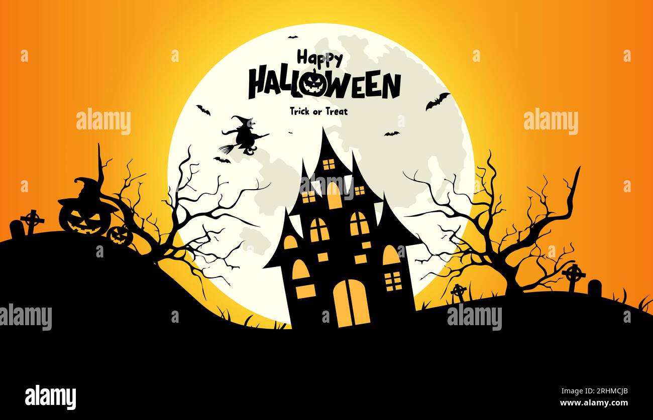 Joyeux design vectoriel de texte halloween. Scène d'horreur d'Halloween avec manoir hanté effrayant et fond de pleine lune effrayant. Illustration vectorielle spooky Illustration de Vecteur