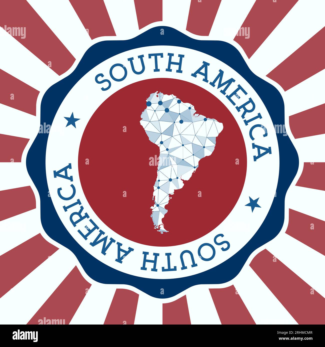 Badge Amérique du Sud. Logo rond du continent avec carte à mailles triangulaires et rayons radiaux. EPS10 Vector. Illustration de Vecteur