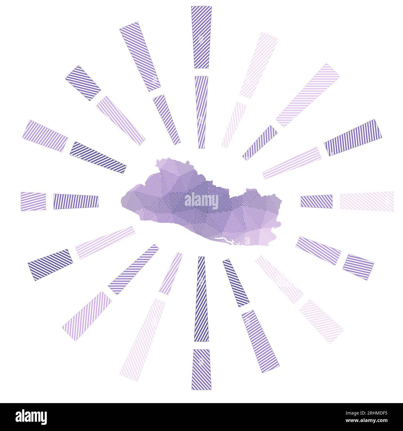 République du Salvador Sunburst. Rayons rayés poly bas et carte du pays. Illustration vectorielle moderne. Illustration de Vecteur