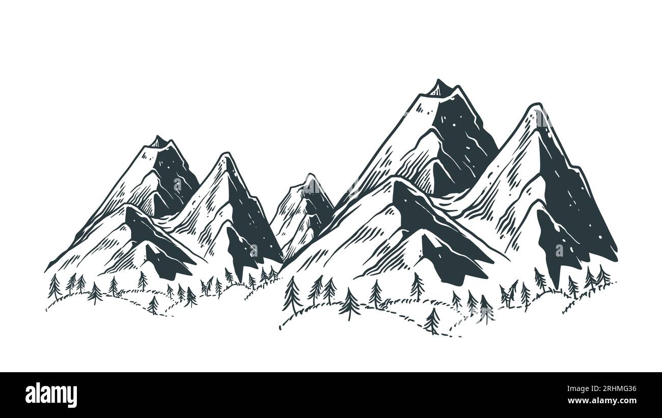 Paysage de montagne illustration vectorielle dessinée à la main, esquisse de dessin naturel style vintage pics rocheux dessinés à la main couleurs monochromes. Illustration de Vecteur