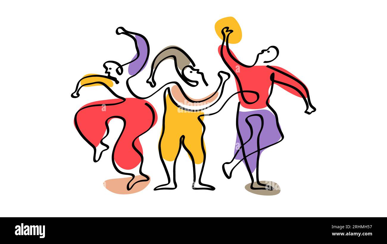 trois danseurs picasso un dessin au trait avec des couleurs, minimaliste abstrait continu dessiné à la main minimalisme contour dessiné à la main. Illustration vectorielle isolée sur whit Illustration de Vecteur