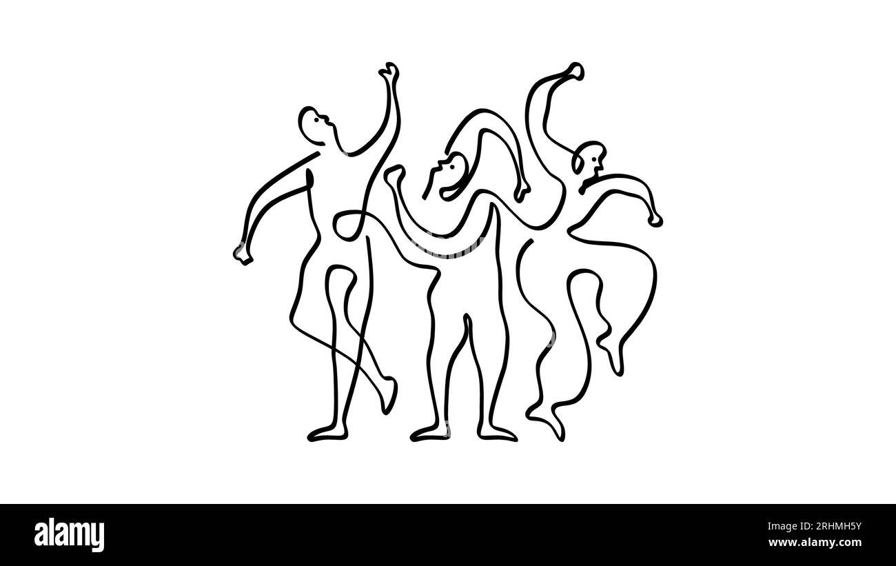 trois danseurs picasso style, une ligne dessin continu à la main dessinée, minimalisme contour noir et blanc incolore. Simplicité d'illustration vectorielle pour Illustration de Vecteur
