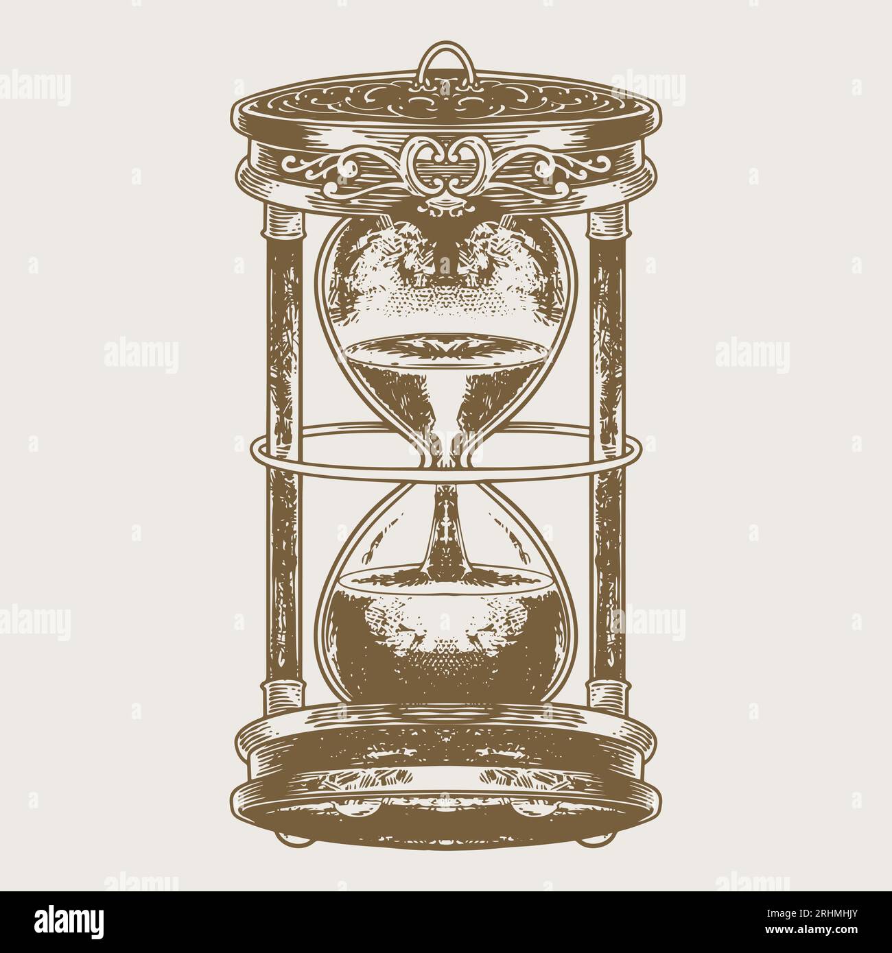 Dessin de gravure HourGlass, illustration vectorielle de style vintage dessinée à la main en verre de sable. Noir isolé sur fond blanc Illustration de Vecteur