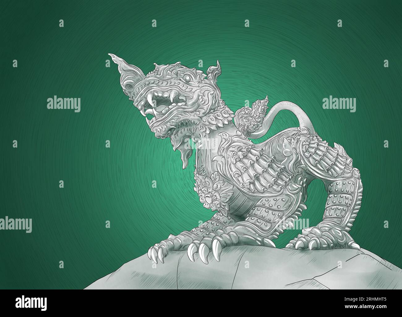 Dessins d'illustration de statues de lion dans le style chinois mélangé thaïlandais Banque D'Images