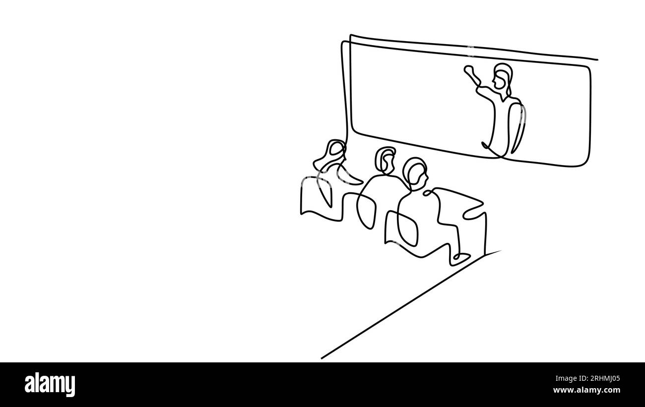 Concept de classe de micro-enseignement. Enseignant ou conférencier donnant une conférence. Dessin continu d'une ligne. Illustration vectorielle de thème d'éducation dessiné à la main minimaliste Illustration de Vecteur