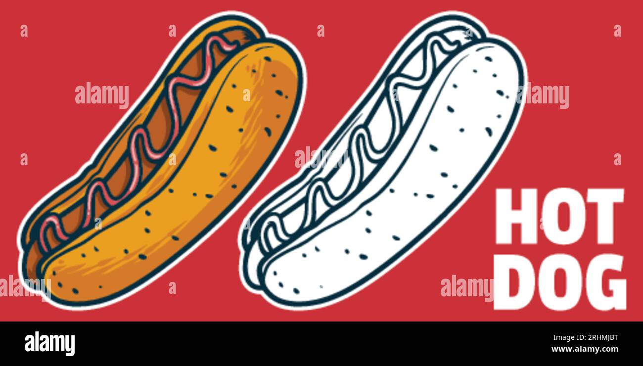 Hot Dog - dessin illustration vectorielle, couleurs noir et blanc, simple doodle dessiné à la main Illustration de Vecteur